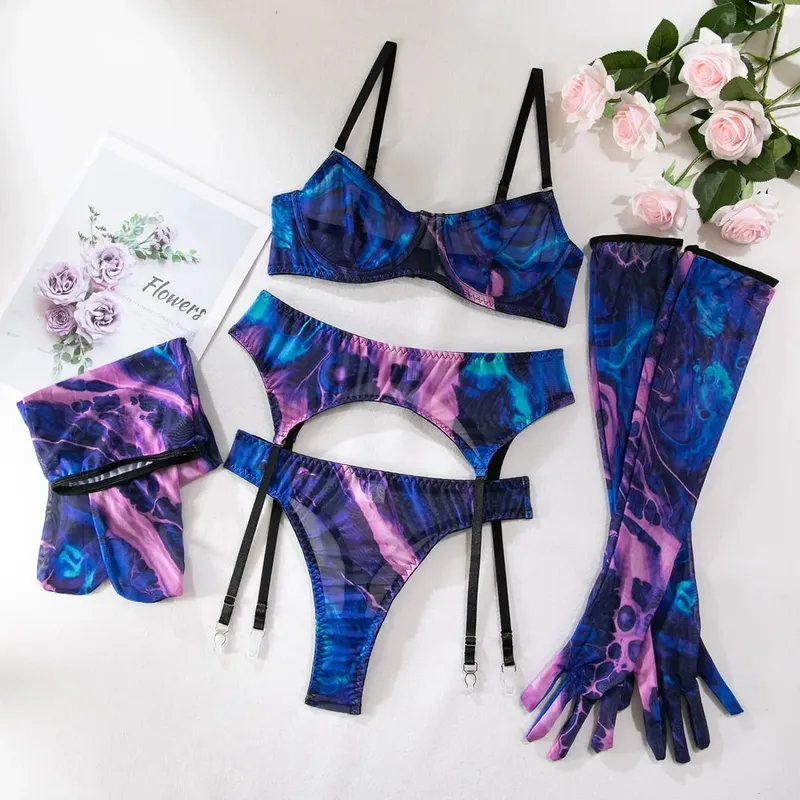 Sexy Perspective Breast Gather Printed Lingerie Set with Gloves Leg Set for Women's Five Piece Set Female Fun Bra & Brief Sets — image 3