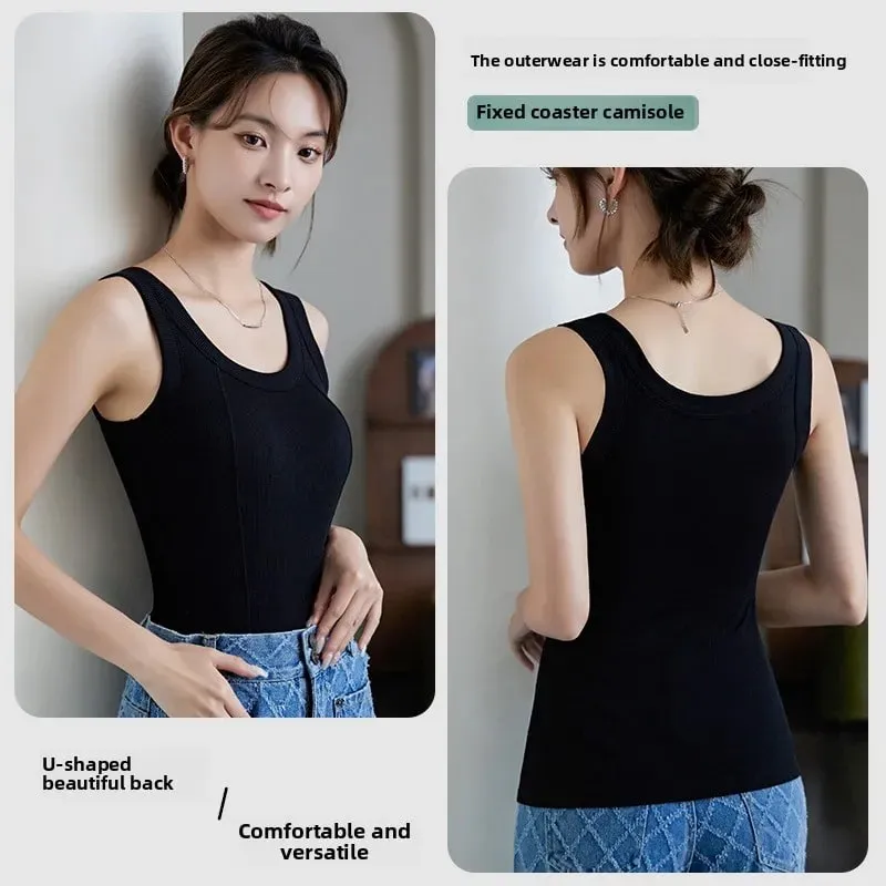 M-4XL für 45–105 kg, gefädeltes Baumwoll-Camisole-Top in Übergröße mit integriertem BH für Damen, modale, nahtlose Unterwäsche, Tank-Tops — image 4