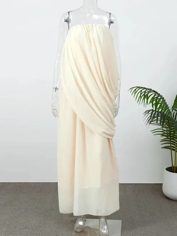 Sexy skládané maxi šaty bez ramínek Dámské elegantní Jednobarevné Bez rukávů Bez záda Volné dlouhé šaty 2026 Letní Dáma Dovolená Plážový outfit