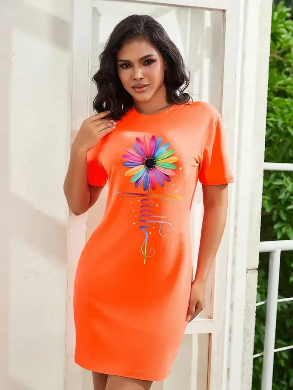 Plus Size Summer Fashionable Comfortable Colorful Sunflower Letter Print Women Sundress O-Neck Mini Dress Casual Dress Vestidos — image 6