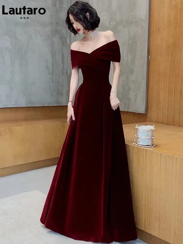 Lautaro Spring Long Luxury Elegant Wine Red Soft Velvet Evening Party Wedding Dresses for Women 2022 Off Shoulder Maxi Dress — image 5