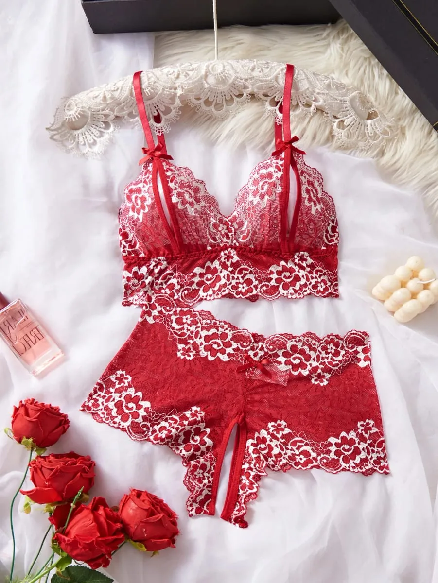 4 Sets Combined Romantic Lingerie Open Bra Transprent Underwear Set Crotchless Lace Pullover Outfits Embroidery No Pad Wireless — image 6