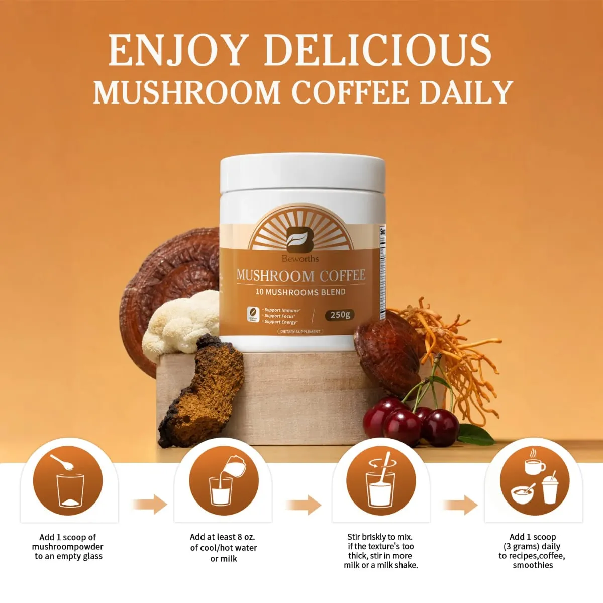 Beworths Reishi Mushroom Coffee Boost Brain Memory and Cognitive Clarity Immune System & Digestion Health Energy Supplement