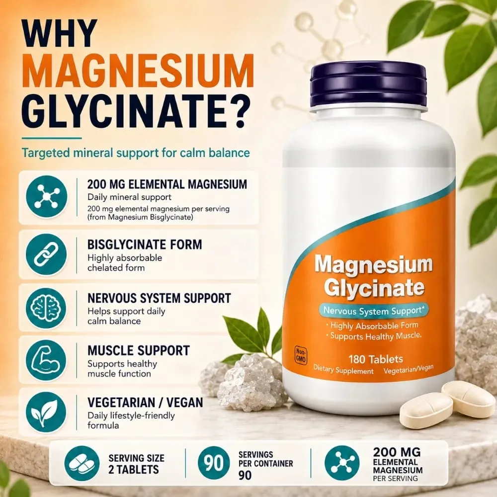 Magnesium Glycinate Tablets 200mg High Absorption Vegan Non-GMO Formula for Nervous System Muscle Relaxation Support 180 Count — image 4