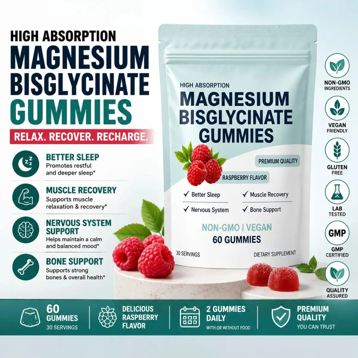 แมกนีเซียม Bisglycinate Gummies แมกนีเซียมคีเลตรายวันสนับสนุนแร่ธาตุมังสวิรัติรสราสเบอร์รี่ปลอดจีเอ็มโอปราศจากกลูเตน 60 ชิ้น — image 2