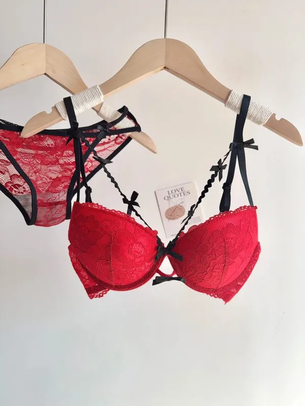 セクシーなงานแต่งงานเจ้าสาวชุดชั้นในลูกไม้สีแดงชุด Bowknot Push Up Bra สำหรับหน้าอกขนาดเล็กผู้หญิง Party Pure Look ชุดชั้นใน Intimate — image 14