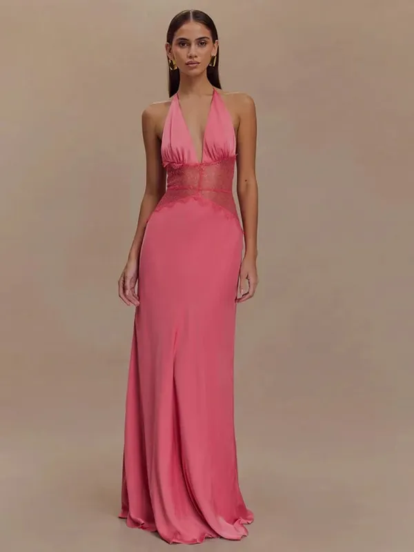 MO Patchwork Sexy Deep V-neck Lace Halter Dress Maxi Wanita Gaun Malam Tanpa Belakang Putih Musim Panas Slim Elegant Party Dress — image 8