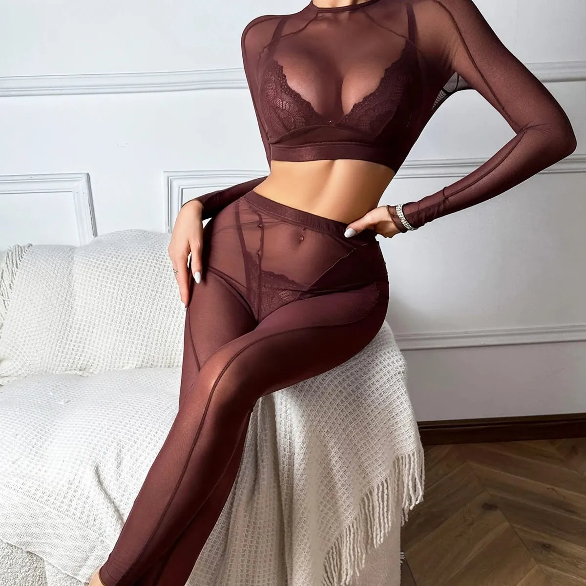 Ensemble de lingerie confortable, dos nu, manches longues, maille transparente, sexy, bonnet triangulaire en dentelle, fendue — image 6
