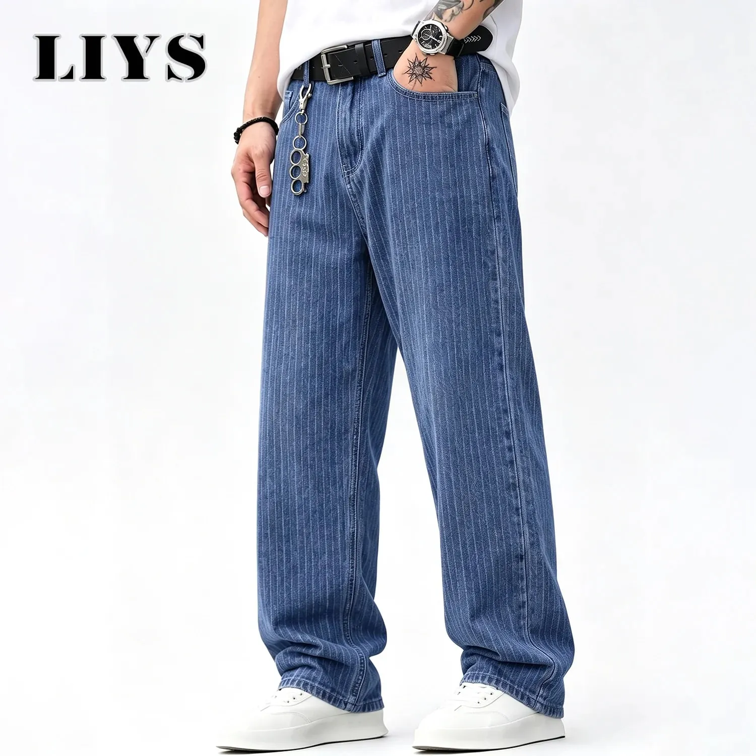 ผู้ชายแนวตั้งบางลาย Jacquard Baggy DENIM กางเกงคลาสสิกสีฟ้าหลวมขากว้างขาตรง VINTAGE ล้างกางเกงยีนส์