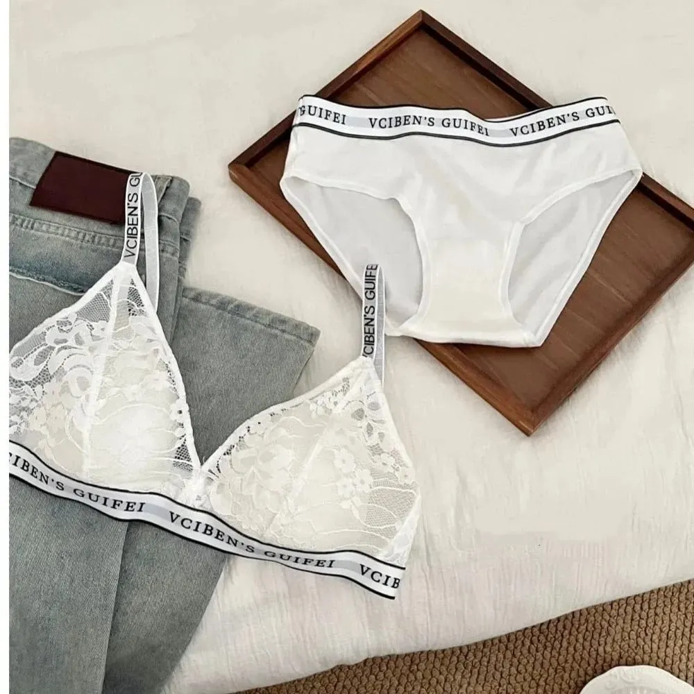 Set Pakaian Dalam Rekaan Surat Selesa Deep V Tanpa Wayar Pakaian Dalam Wanita Sut Warna Menghalang Set Seluar Dalam Bra Renda Wanita — image 4