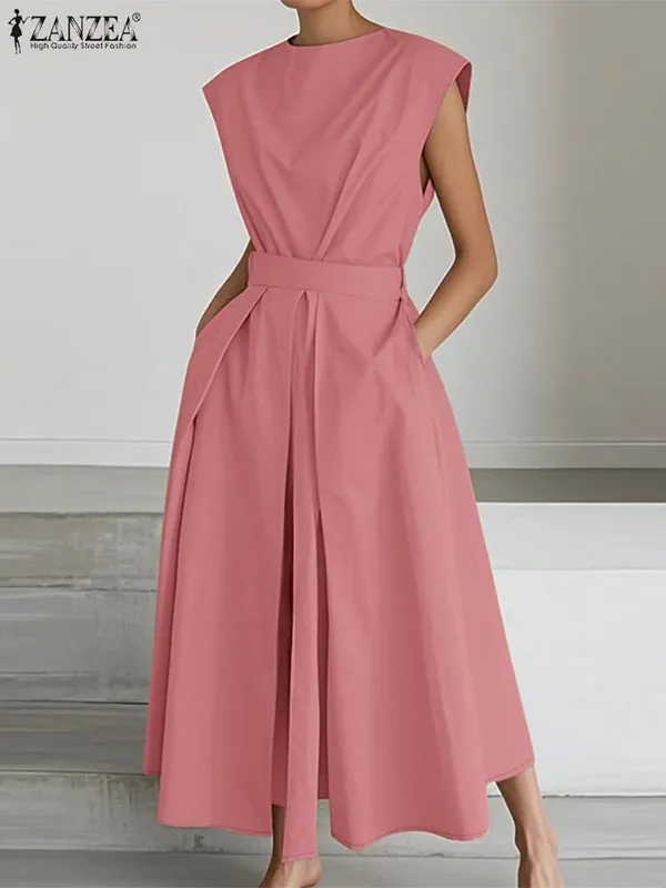 Elegant Chic ผู้หญิงชุดยาวลำลองแขนสั้นคอเอวสูง Casual & Day เสื้อชุดสีทึบ S-3XL — image 16