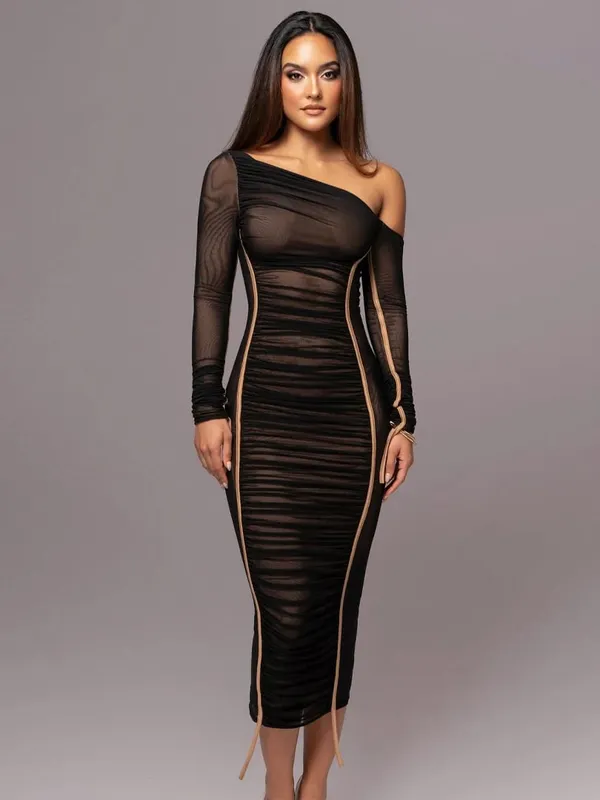Gaun Maxi Bodycon Tembus Pandang Seksi Terbungkus Lengan Panjang Kerah Diagonal Solid Jaring Hugcitar Pakaian Fashion Musim Panas Klub Festival — image 8
