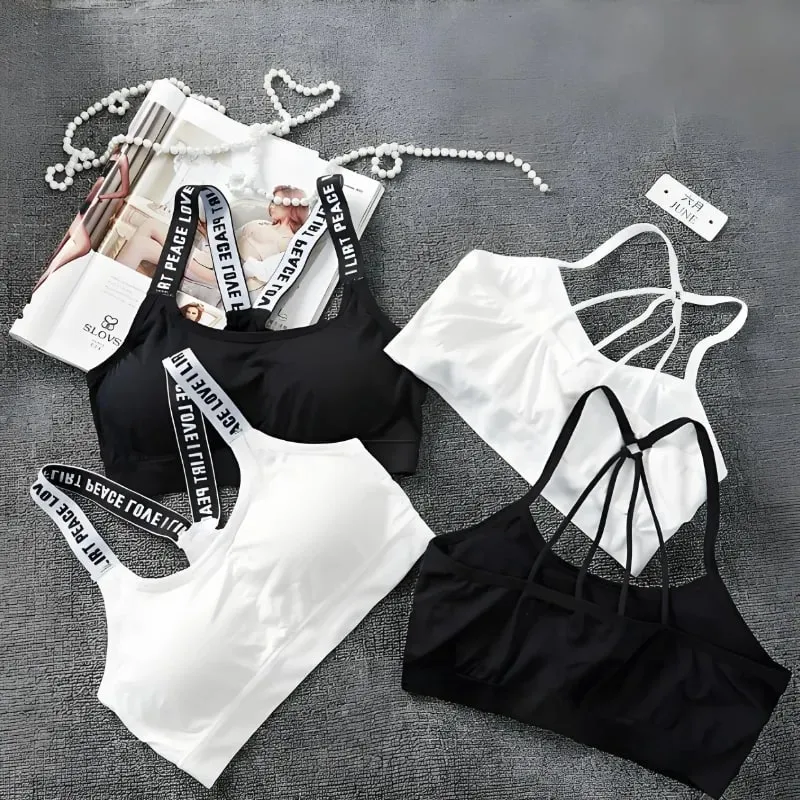 Pakaian Aktif Senaman Selesa Tanpa Pakaian Dalam Sukan Underwire Wanita Yoga Fitness Seamless Crop Top Wide Letter — image 7