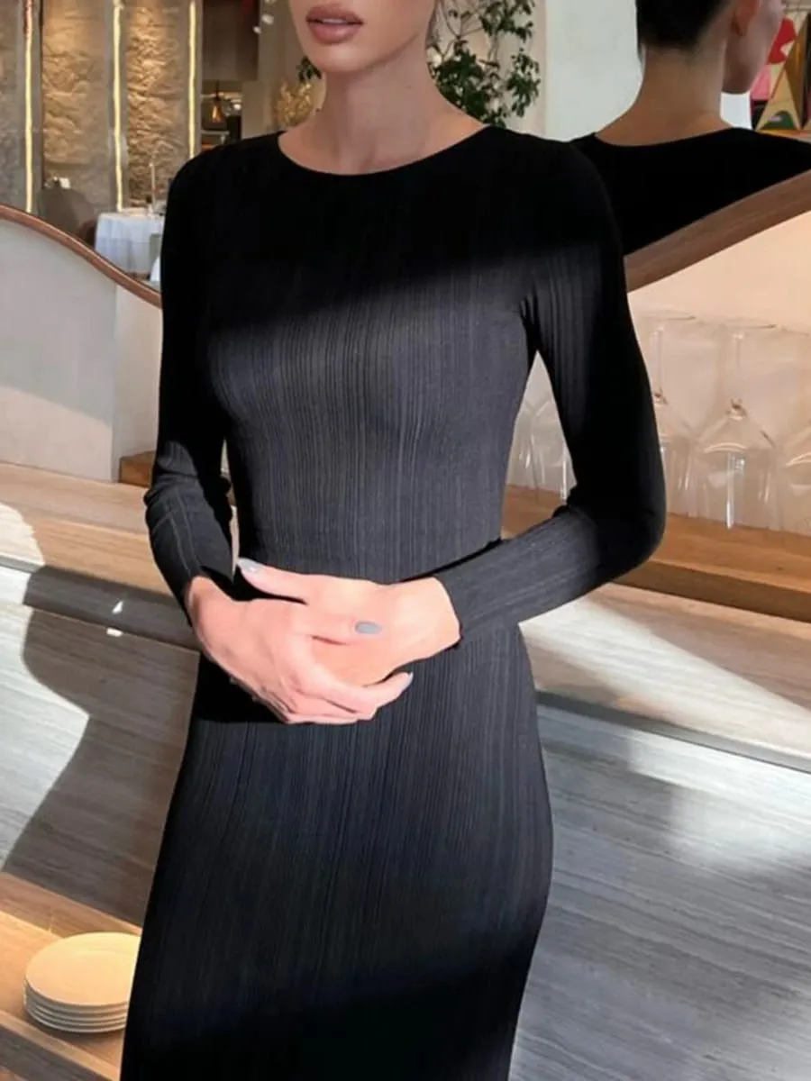 Robe longue en tricot pour femmes, couleur unie, moulante, manches longues, col rond, côtelée, coupe cintrée, printemps automne — image 7