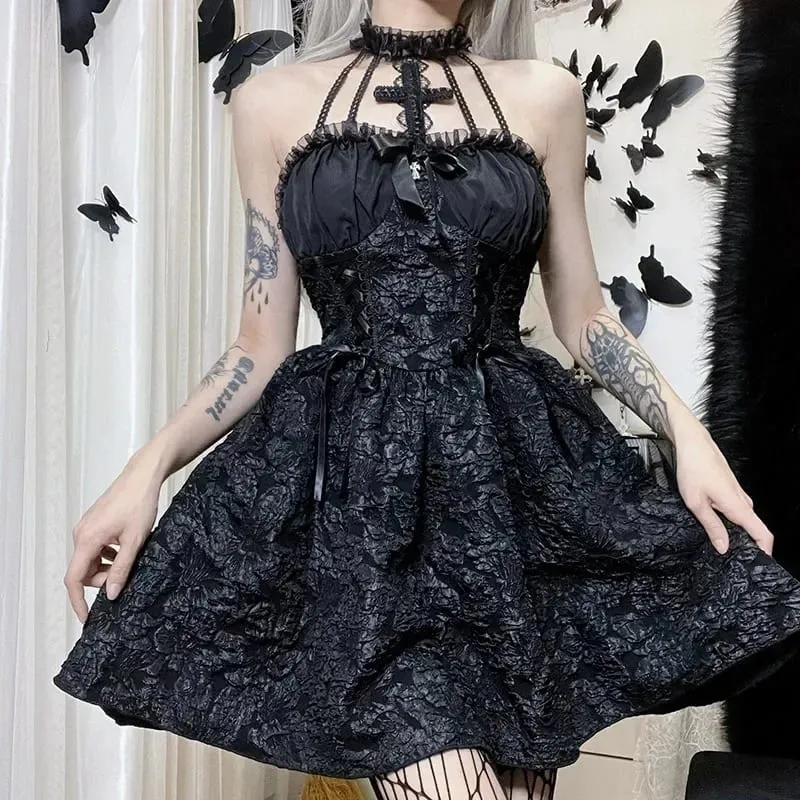 Mall Gothic Emo Jacquard A-Line Goth Elegant Grunge Ruched BANDAGE Partywear Punk ผู้หญิงสีดำฮาโลวีนชุดคลับ — image 2