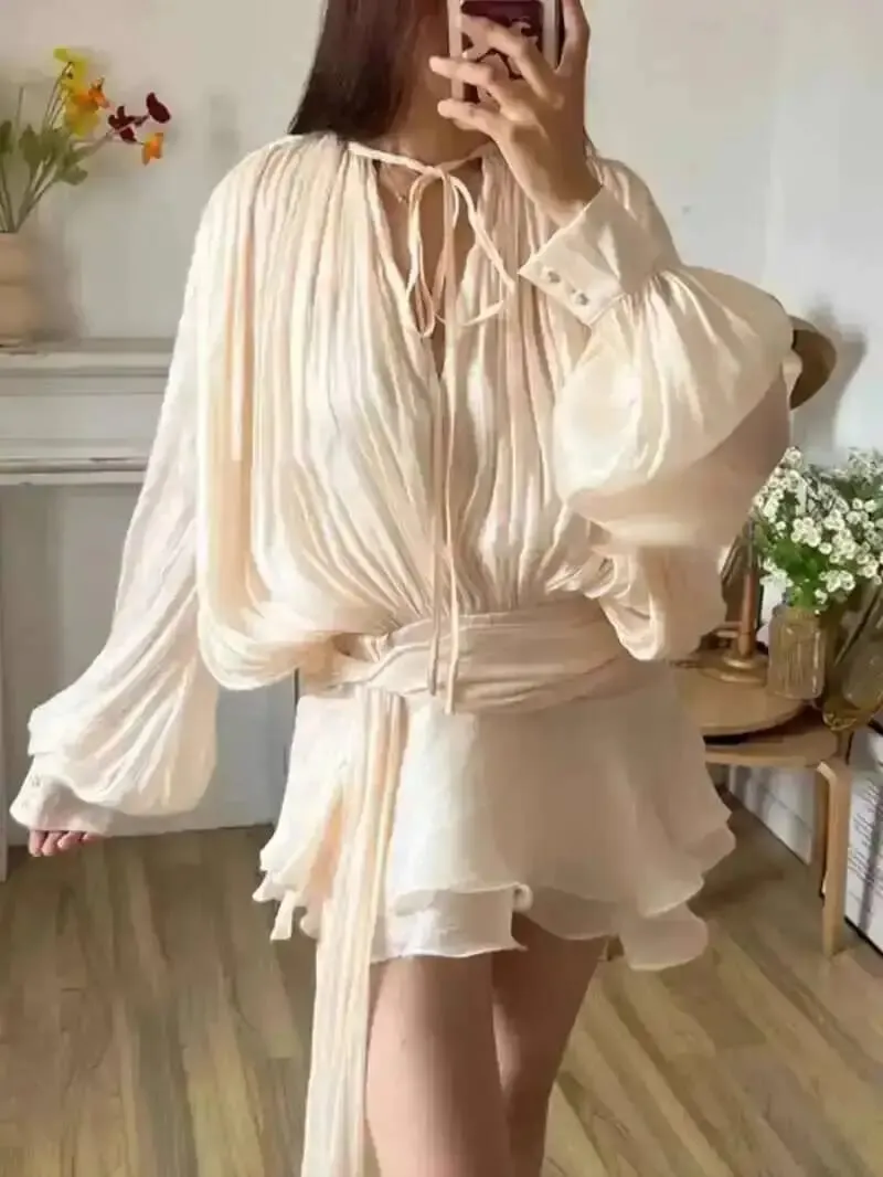 Beżowy top solidna bluzka Mini sukienki dla kobiet dekolt w serek z długim rękawem łączone zasznurować słodka sukienka w stylu odzież damska moda P7WI — image 2