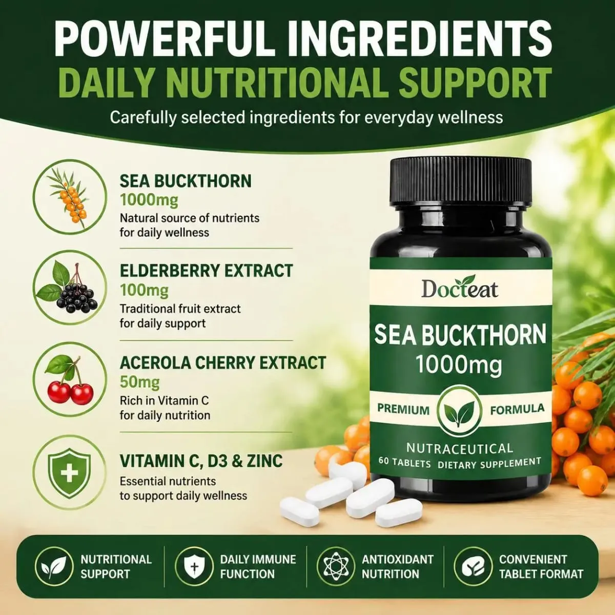 Docteat Havtorn 1000mg Tabletter Daglig Immunfunktion Støtte Antioxidant Ernæring Vitamin C Zink Vitamin D3 60 Tabletter — image 5