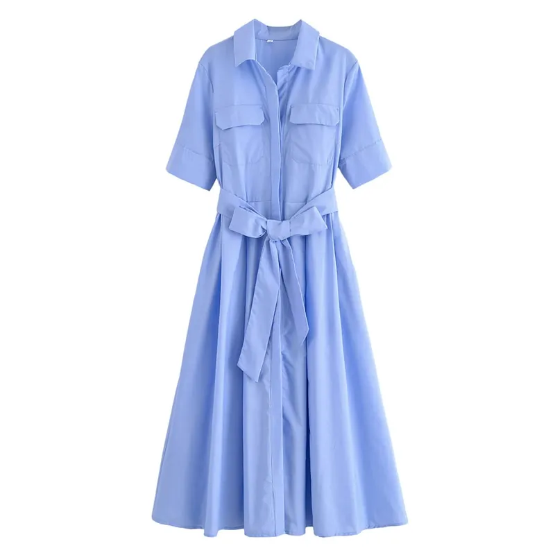 HH femmes été revers manches courtes poche simple boutonnage ceinture décorer robe Midi femme mode chemise Style robe plissée — image 12