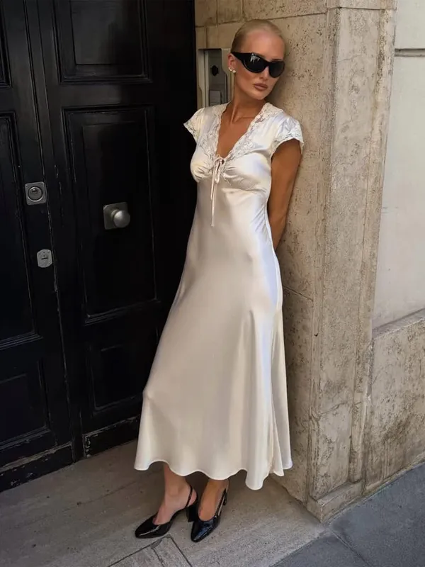 Wanita Elegan Satin Lace Trim Midi Dress Solid Lace Patchwork Lengan Pendek V-neck Gaun Musim Panas 2026 Musim Panas Jubah Percutian Baru