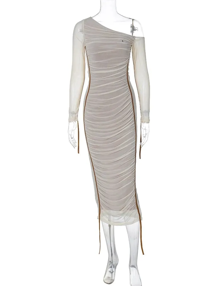 Gaun Maxi Bodycon Tembus Pandang Seksi Terbungkus Lengan Panjang Kerah Diagonal Solid Jaring Hugcitar Pakaian Fashion Musim Panas Klub Festival — image 7