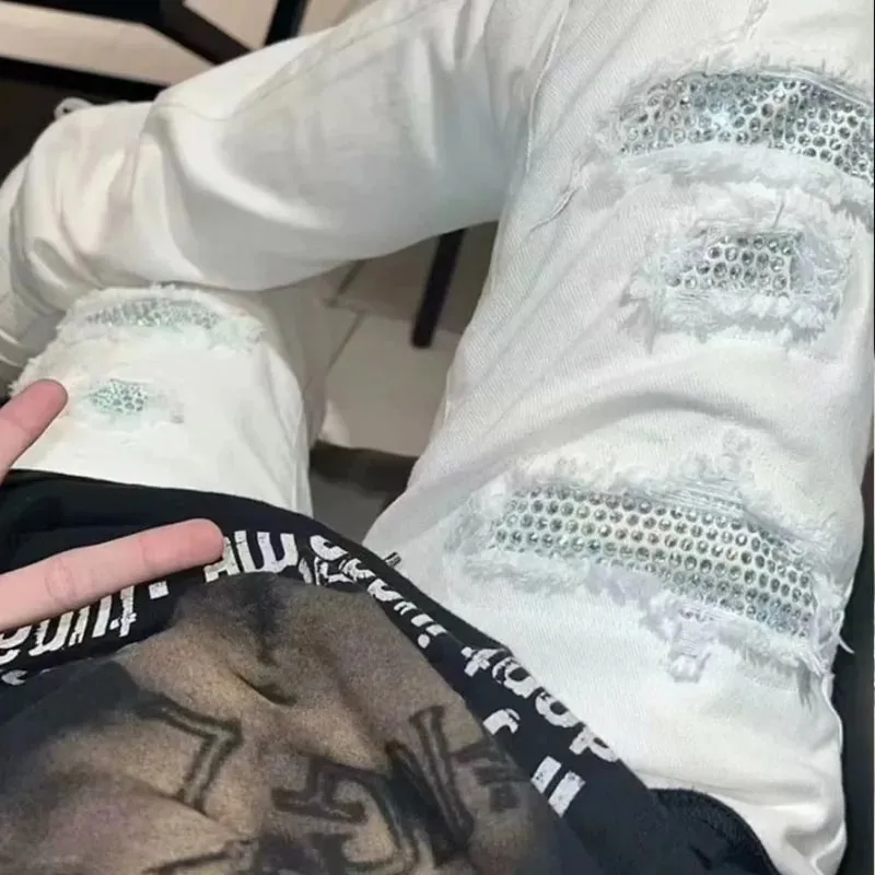 Diamant-besat vasket Ripped Patch Patchwork Hot Diamond Jeans Beggar Pants Mænd — image 3