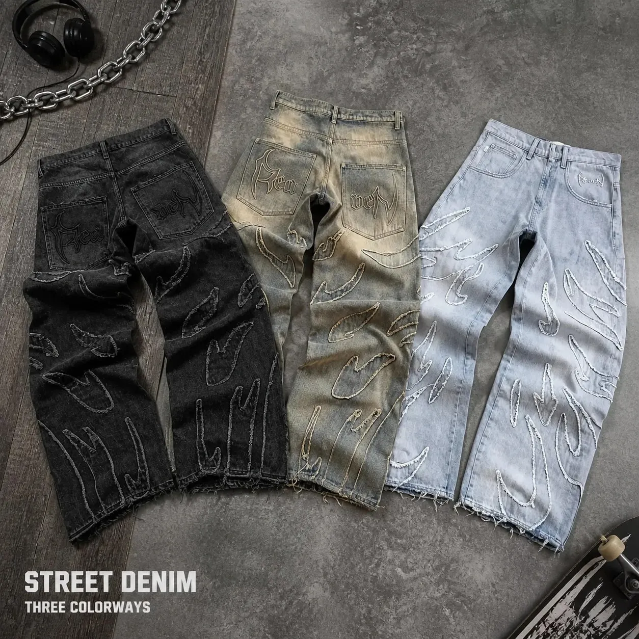 Jean à jambes larges en Denim noir, Streetwear, avec lettres surdimensionnées brodées et jean Baggy en détresse, pantalon gothique Hip Hop — image 1
