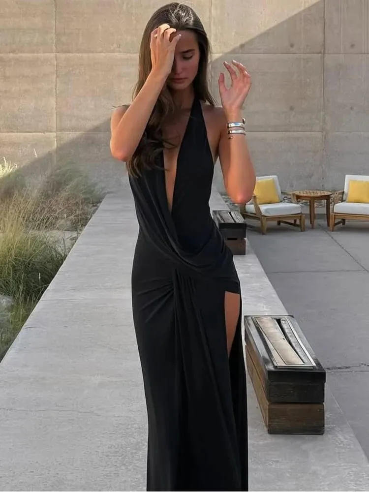 Cutenew Party Simple ผู้หญิงชุด Maxi Solid Trend Halter Cross แกว่งคอ Backless V คอสูงแยก Bodycon Mujer Vestidos — image 2