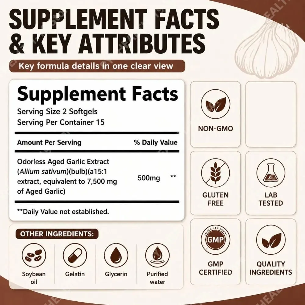 Odorless Aged Garlic Extract Softgels 7500mg Equivalent 24-Month Fermented For Immune Cardio Metabolic Support Adult 30 Count — image 3