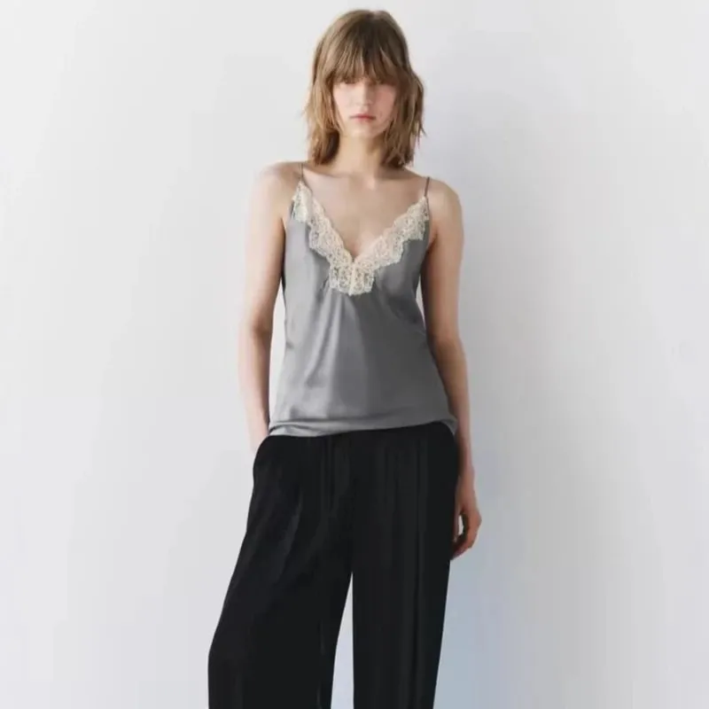 Frauen Spitze Patchwork Tanks Tops Satin V-ausschnitt Solide Ärmellose Leibchen Sommer Frauen Spaghetti Strap Mini Tops Mode Dünne Camis