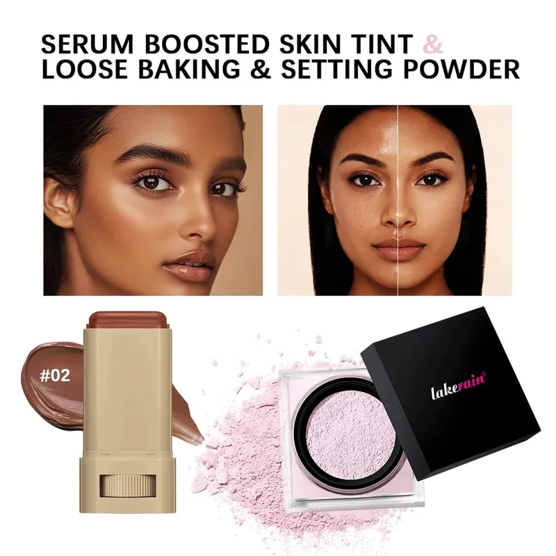 2pcs Foundation Tint Stick & Setting Powder Kit Kosmetik Liputan Kulit Sekata Kawalan Minyak Tahan Lama Kit Makeup Matte