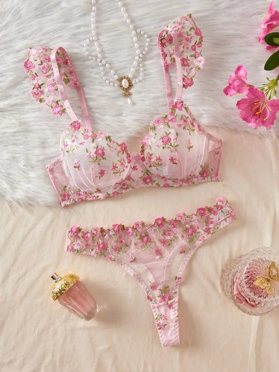 1 Set Romantic Rose Flower Embroidery Lingerie Set Ruffle Strap Sheer Mesh Bra Thong Set — image 3