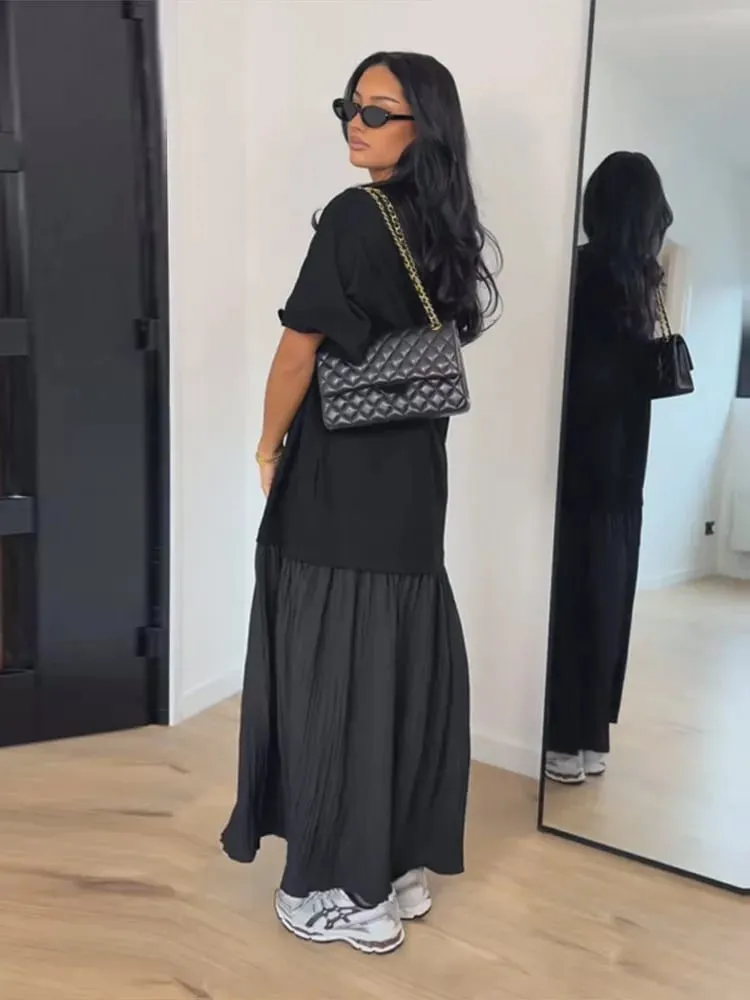 Patchwork z krótkim rękawem długa, obszerna sukienka damska elegancka, dekolt w kształcie litery "o", plisowana luźna impreza wieczorowa suknie letnia w stylu Casual, damska Vestidos — image 2