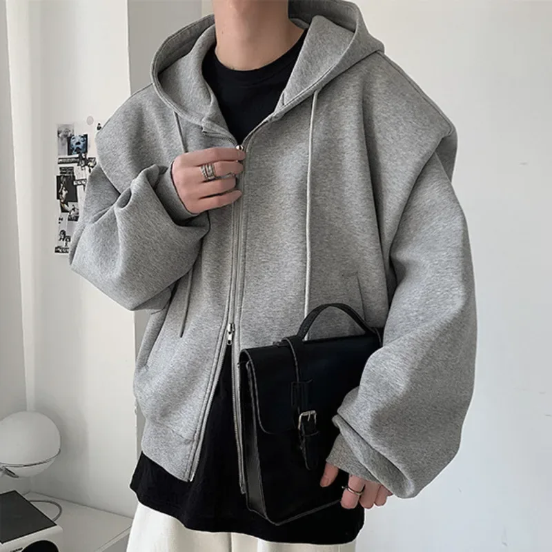 Autumn New Padded Shoulder Design Solid Streetwear Men Double Zip-up Hooded Sweatshirts Harajuku Casual Daily Hoodies — image 5