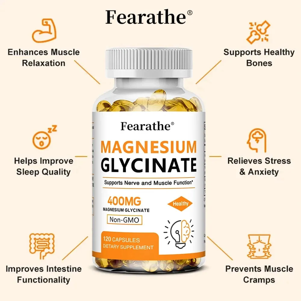 Magnesiumglycinat 400 mg Kapseln unterstützen die Muskeln, Knochen, Herz, Nerven, Schlafqualität und die Gesundheit des Immunsystems. Nicht gentechnisch verändert — image 3