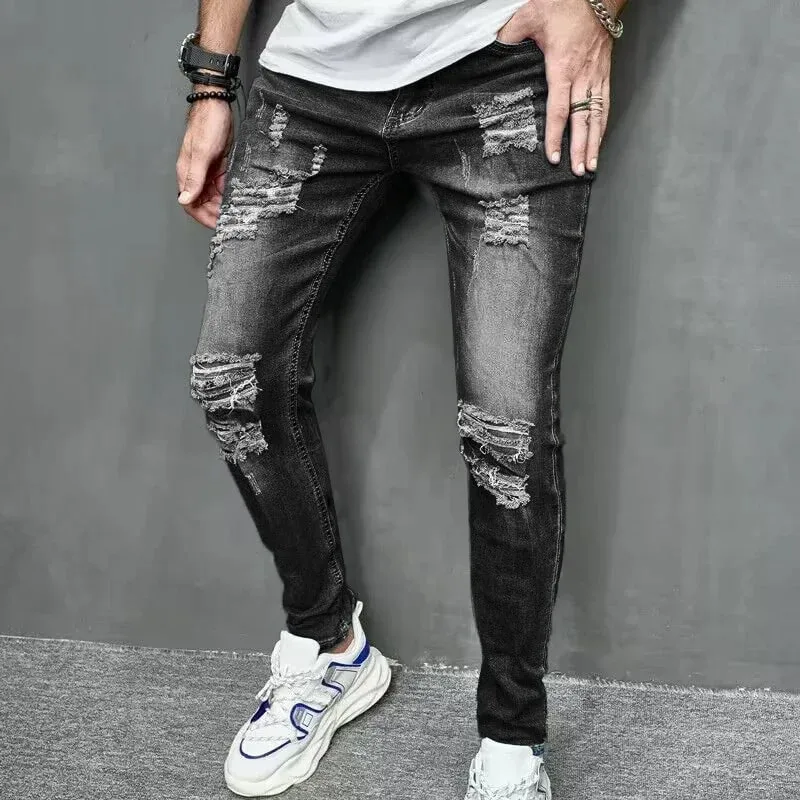 2024 ใหม่สไตล์ผู้ชายส่วนบุคคล Ripped สีทึบกางเกงยีนส์ Skinny ยืดเท้าเล็กๆ Streetwear รถจักรยานยนต์ DENIM กางเกงชาย — image 7