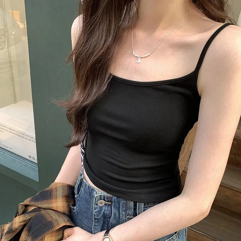 ผู้หญิงสีทึบสายรัดแขนกุด Slim Camisole พร้อมแผ่นหน้าอกสบาย Daily TOP Travel ภายในกีฬาผ้าฝ้ายเสื้อกั๊ก — image 6