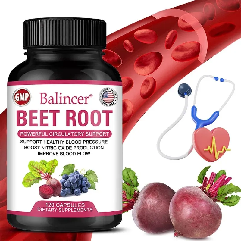 Capsule di barbabietola Estratto in polvere di barbabietola biologica + Pepe nero Produzione di ossido nitrico Circolazione sanguigna Pressione sanguigna Salute — image 1