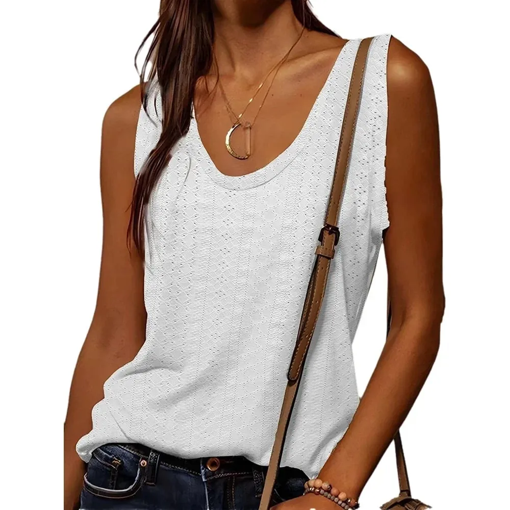 Damen-Tanktop für Frühling und Sommer, weiß, V-Ausschnitt, ärmellos, perforierte Textur, entspannt, frisch, elegant, täglich, lässig — image 9