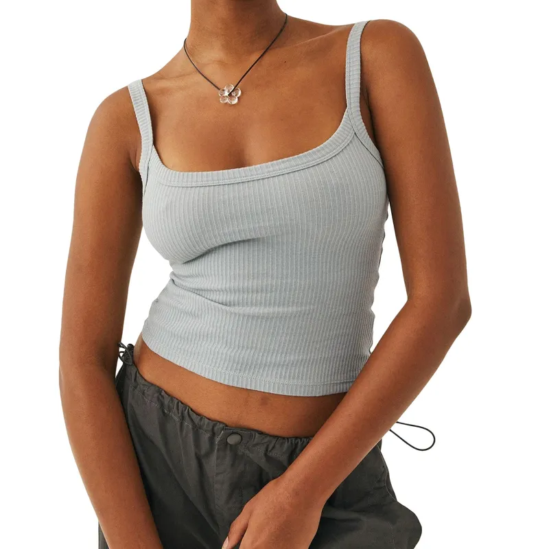 Camisetas sin mangas de color liso para mujer Chaleco básico Sin mangas acanalado Cuello en U Tops cortos ajustados — image 14