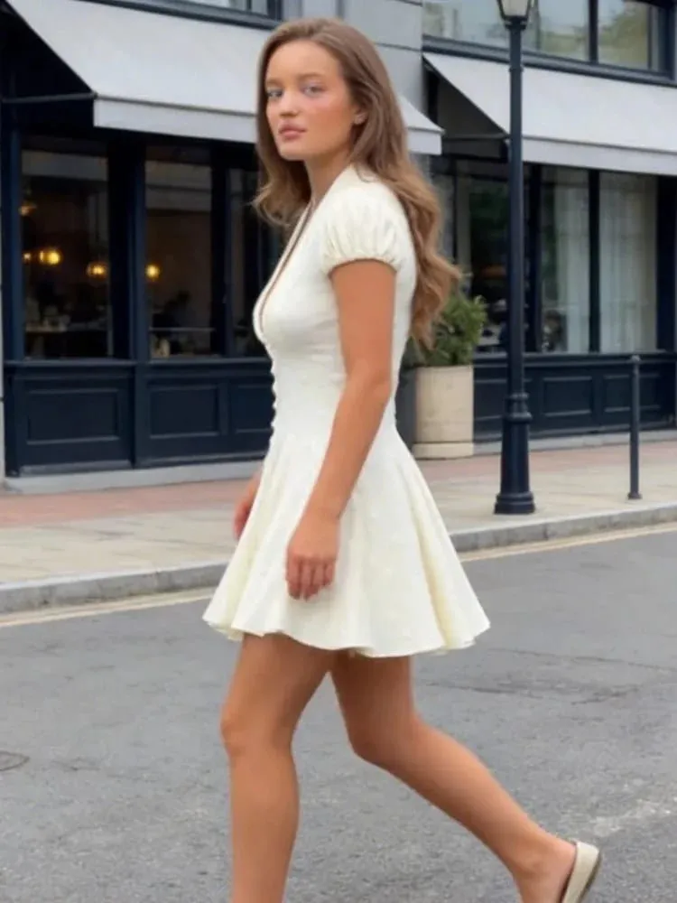 Mini abito da donna a pois tinta unita con scollo a V profondo manica a sbuffo bottone frontale a pieghe abiti corti a trapezio elegante abito da festa da donna — image 5