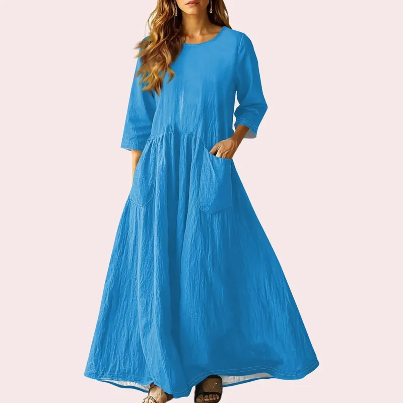 Gaun Panjang Longgar Musim Panas Wanita Warna Pejal Lengan Tiga Suku Gaun Poket Berganda Gaun Linen Leher Bulat Longgar Vestidos — image 9