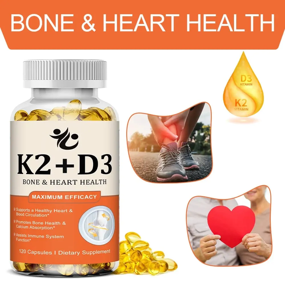 Cápsulas de vitamina D3 5000 UI + K2 MK-7 100mcg suportam absorção de nutrientes metabolismo osso coração saúde e sistema imunológico — image 2