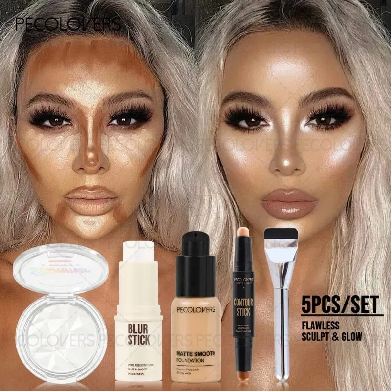 5 pezzi Set viso fondotinta + stick di riparazione + barra base prima del trucco + highlight + pennello trucco Set completo impermeabile di cosmetici per il viso — image 2