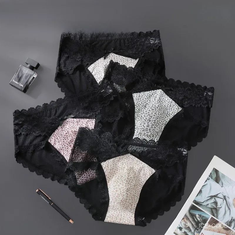 Slip da uomo Forcella alta Bordo in pizzo Biancheria intima stampata leopardata Seta ghiacciata Mutandine ad asciugatura rapida Lingerie Sissy Mutande trasparenti