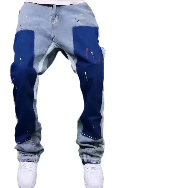 Dżinsy z dzwonami w trudnej sytuacji. Kolorowe bloki. Szczegóły konstrukcyjne. Styl uliczny. Modne, wyjątkowe spodnie niszowe. Moda męska — image 2