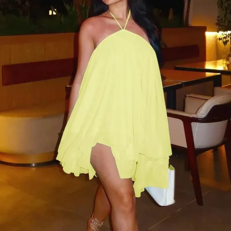 Elegante Halter Ruches Korte Jurk Vrouwen Losse Effen Strapless Mouwloze Backless Jurken 2026 Lente Dame Strand Vakantie Gewaden