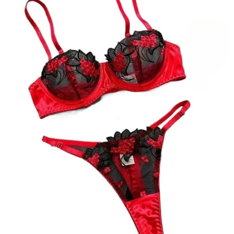 2-teiliges schwarzes, bequemes, leichtes, halbtransparentes Dessous-Set für Damen. Fancy Lingerie BH-Set mit floraler Spitze, Luxus-Unterwäsche — image 2