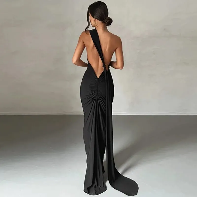 Robe longue sans manches pour femme, asymétrique épaule dénudée, écharpe réglable, boucle froncée, dos nu, moulante, tenue de fête, de Festival, robe longue élégante