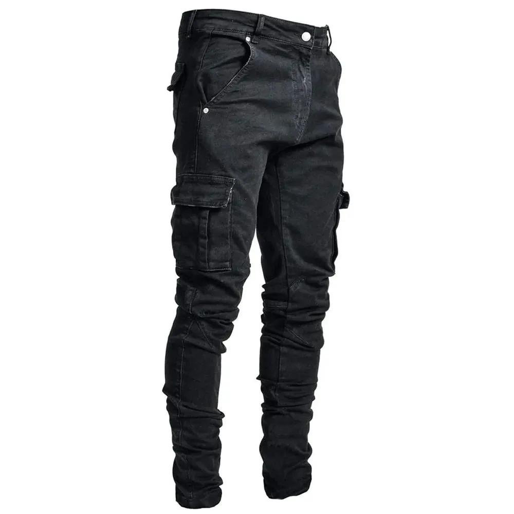 Jean élastique de rue pour hommes, pantalon Cargo en Denim, couleur unie, multi-poches, décontracté, taille moyenne, coupe cintrée, tenue quotidienne, jogging
