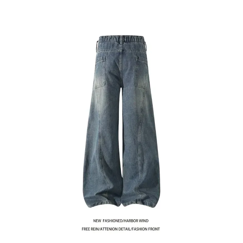 Celana Jeans Panjang Kasual Longgar Desain Berlipat Sambungan Jahitan Kontras Jeans Pedang Kaki Lebar Gaya Amerika 2026 Pria untuk Pria — image 4